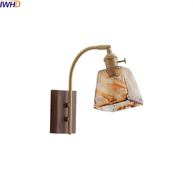 

IWHD Glass Walnut LED Wall Light Fixtures Balcony Bedroom Living Room Modern Bedside Lamp Home Decor Applique Da Parete