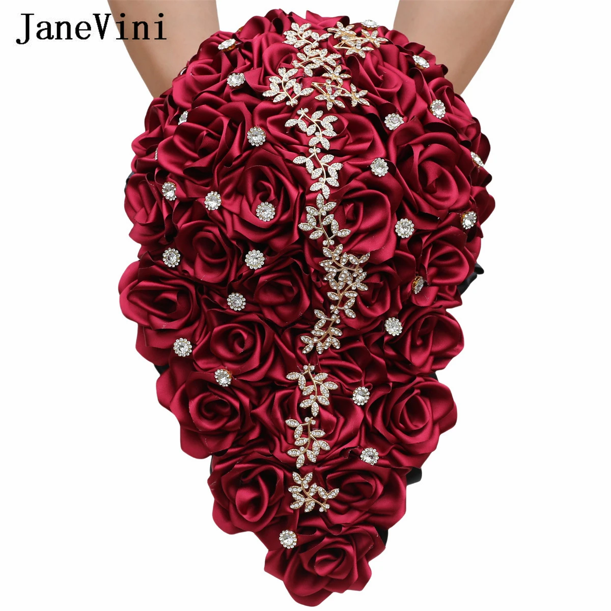 

JaneVini Burgundy Dark Red Waterfall Bridal Bouquet for Wedding Crystal Beaded Roses Cascading Bride Bouquet Boutenniers Wedding