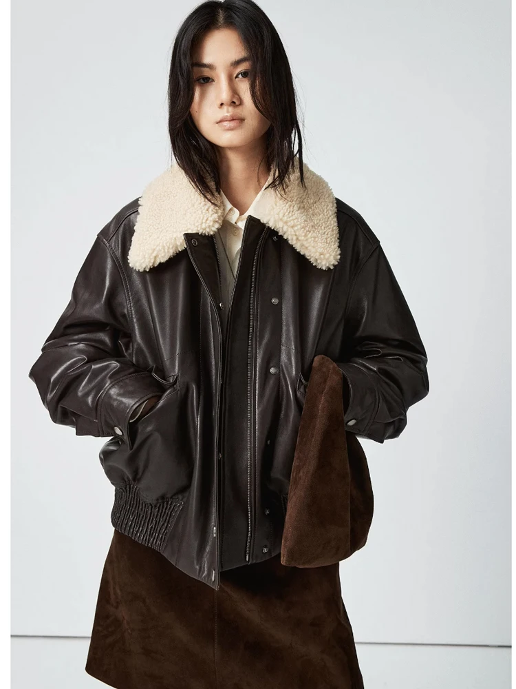 

Ретро-куртка из овчины с эффектом воска, с большим воротником из меха ягненка, стильная, с наполнителем из гусиного пуха LM, из натуральной кожи, мотоциклетная куртка-пальто