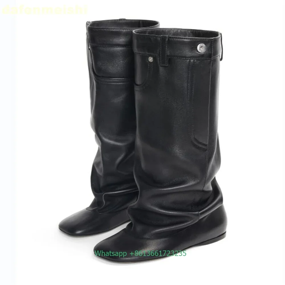 

Loose Pleated Trouser Women Boots Wedge Heel Fashion Straight Boots Mid-Heel High-Tube Knight Women's Boots Black Long Boots