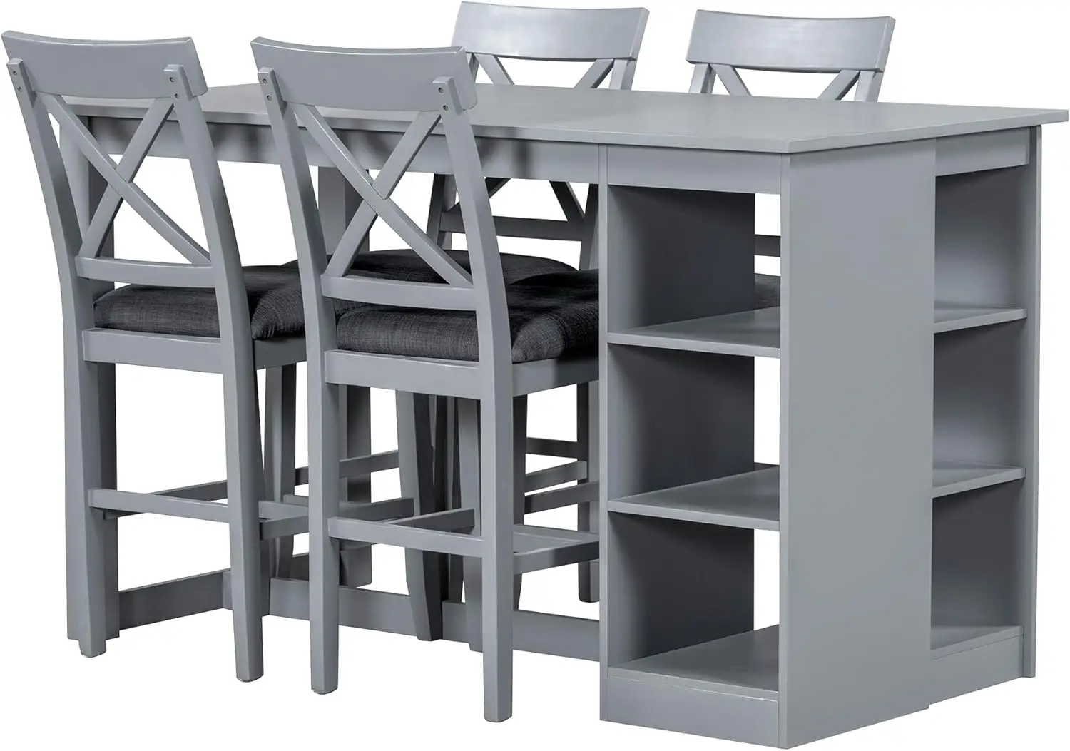 Farmhouse 5-Piece Counter Height Dining Table Set, 2-Tone Rectangular Dining Table With 3-Tier Storage Shelves And Upholstered