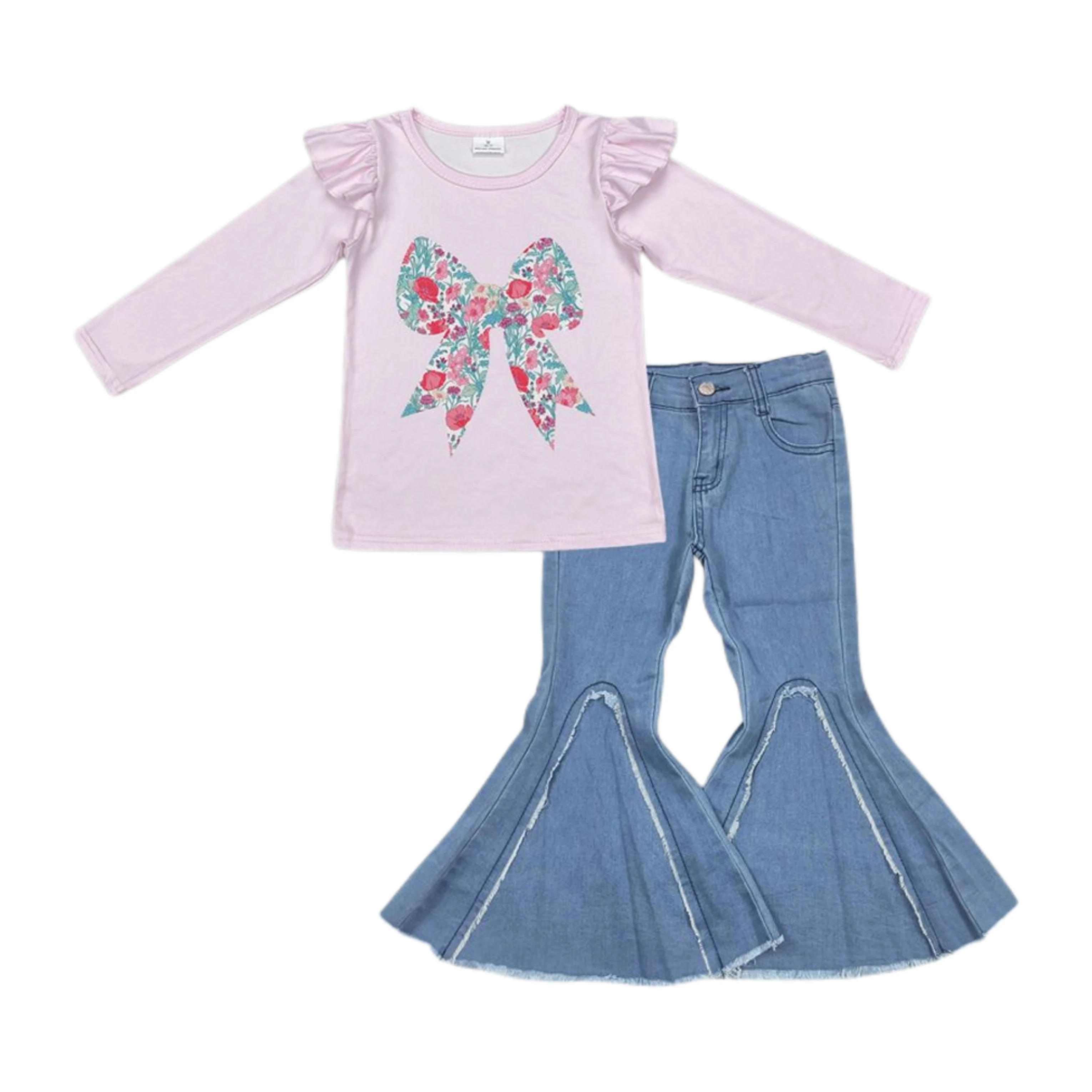 Wholesale Kids Girl Clothes Baby Denim Set Children Toddler Bows Long Sleeves Shirt Bell Bottoms Jeans Designer Outfit Clothing