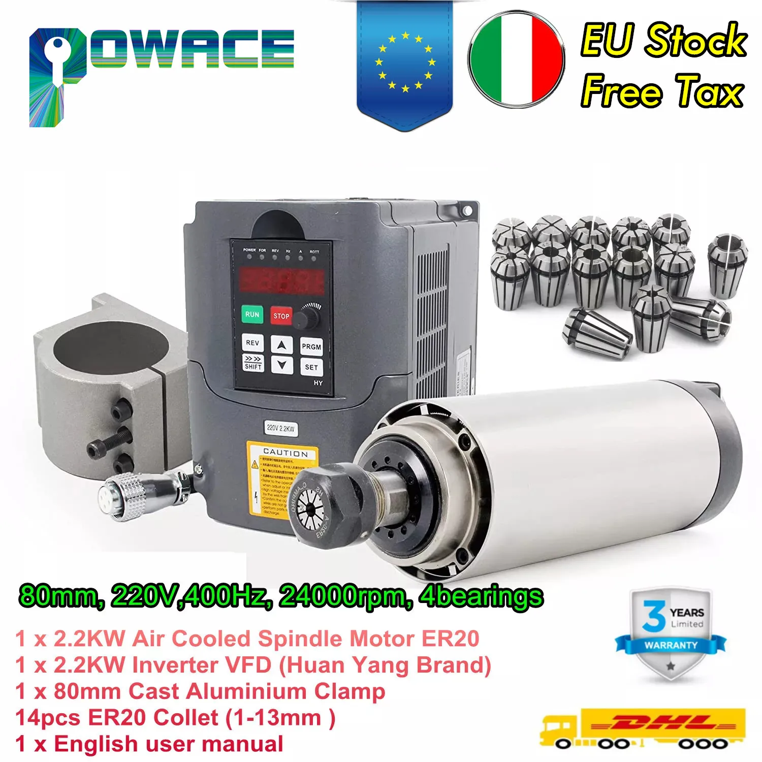 【EU Free Tax】CNC Spindle Motor Kit 2.2KW Air cooled 24000RPM 4Bearing 80mm & 2.2KW HuanYang Inverter & 80mm Clamp & Collets