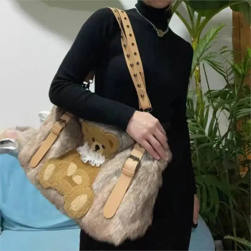 Bloom Vintage Bear Plush Y2k Handbag Women Hot Girl Sweet Casual Brown Shoulder Crossbody Bag Female Large Capacity Cute Purse