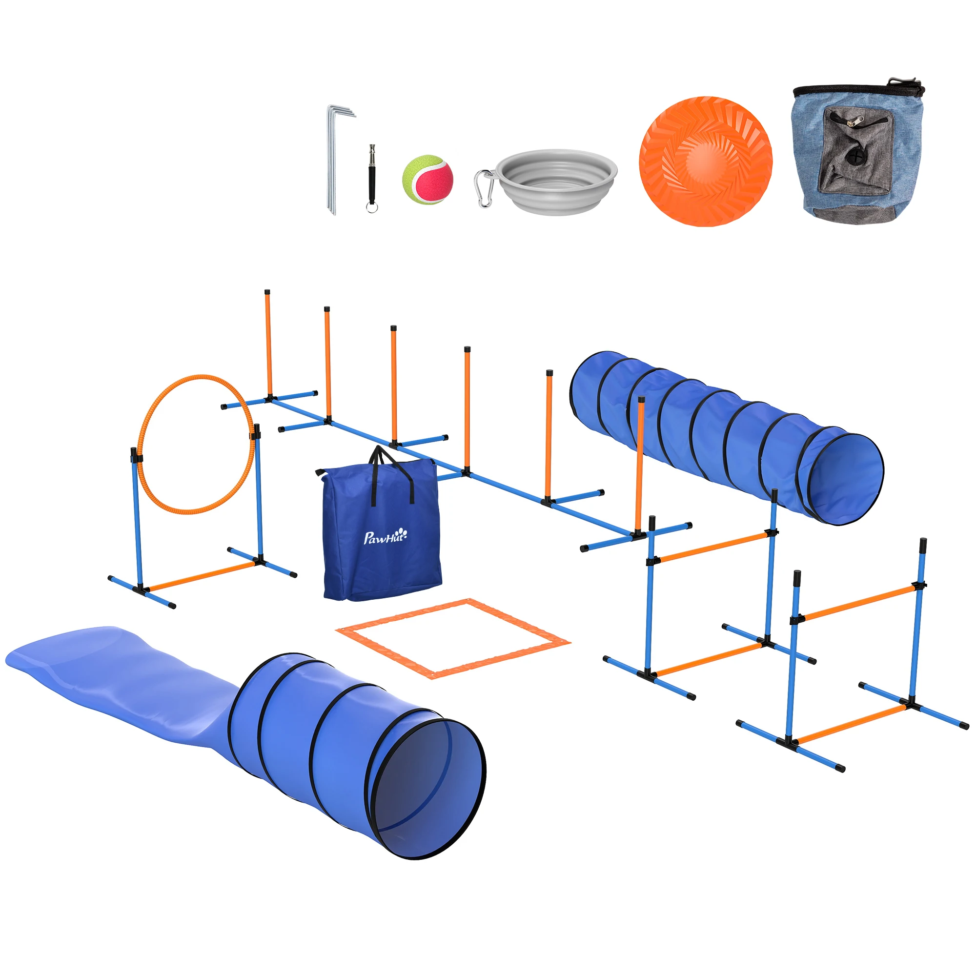 PawHut - Ensemble d'Agilité pour Chien 11 Pièces avec 2 Tunnels, Sauts Ajustables, Anneau, Piquets, Zone de Pause, Sac pour Fria