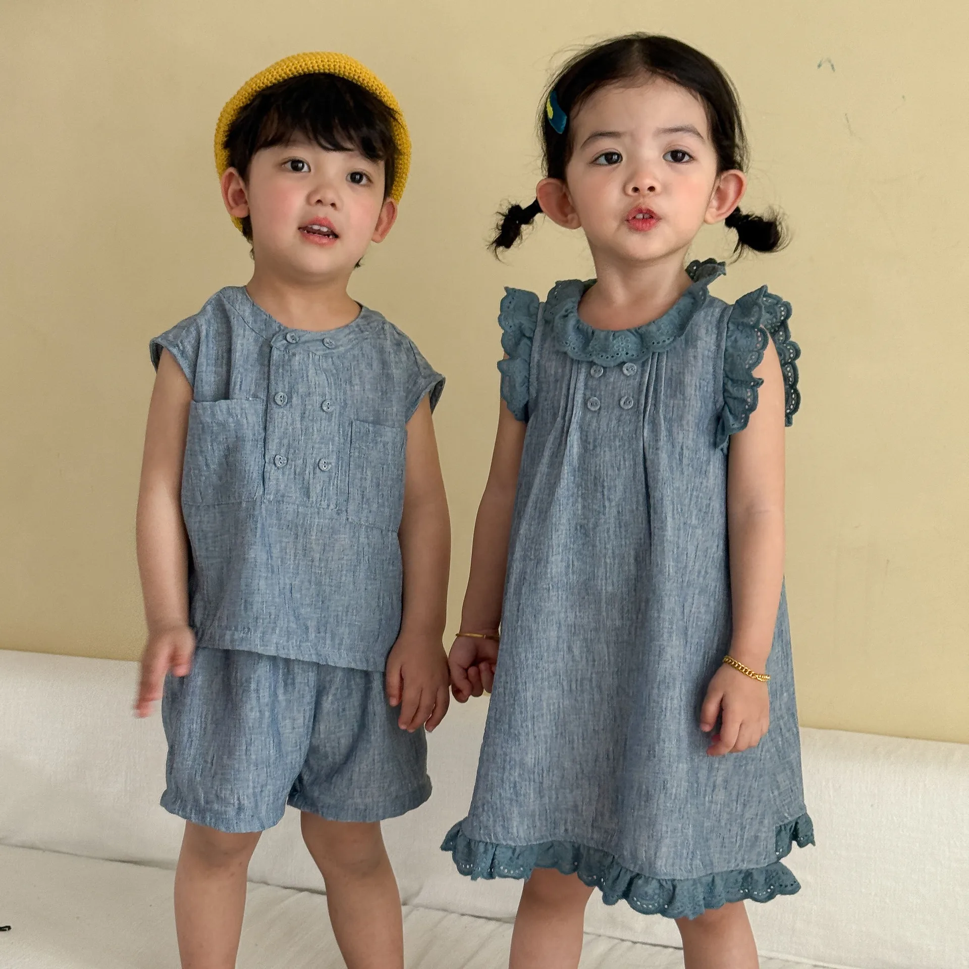 Summer New Children Brother Sister Outfits Kids Sleeveless Clothes Set Boys Solid Vest Shorts 2pcs Suit Girls Cotton Lace Dress