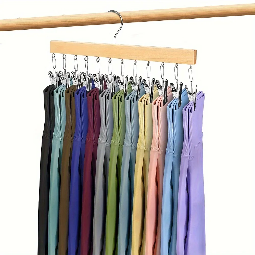 

1pc Legging Hanger Pants Hangers For Closet, Wooden Hanger With 12 Metal Clips, Hanging Closet Organizer For Hats, Jeans, Yoga