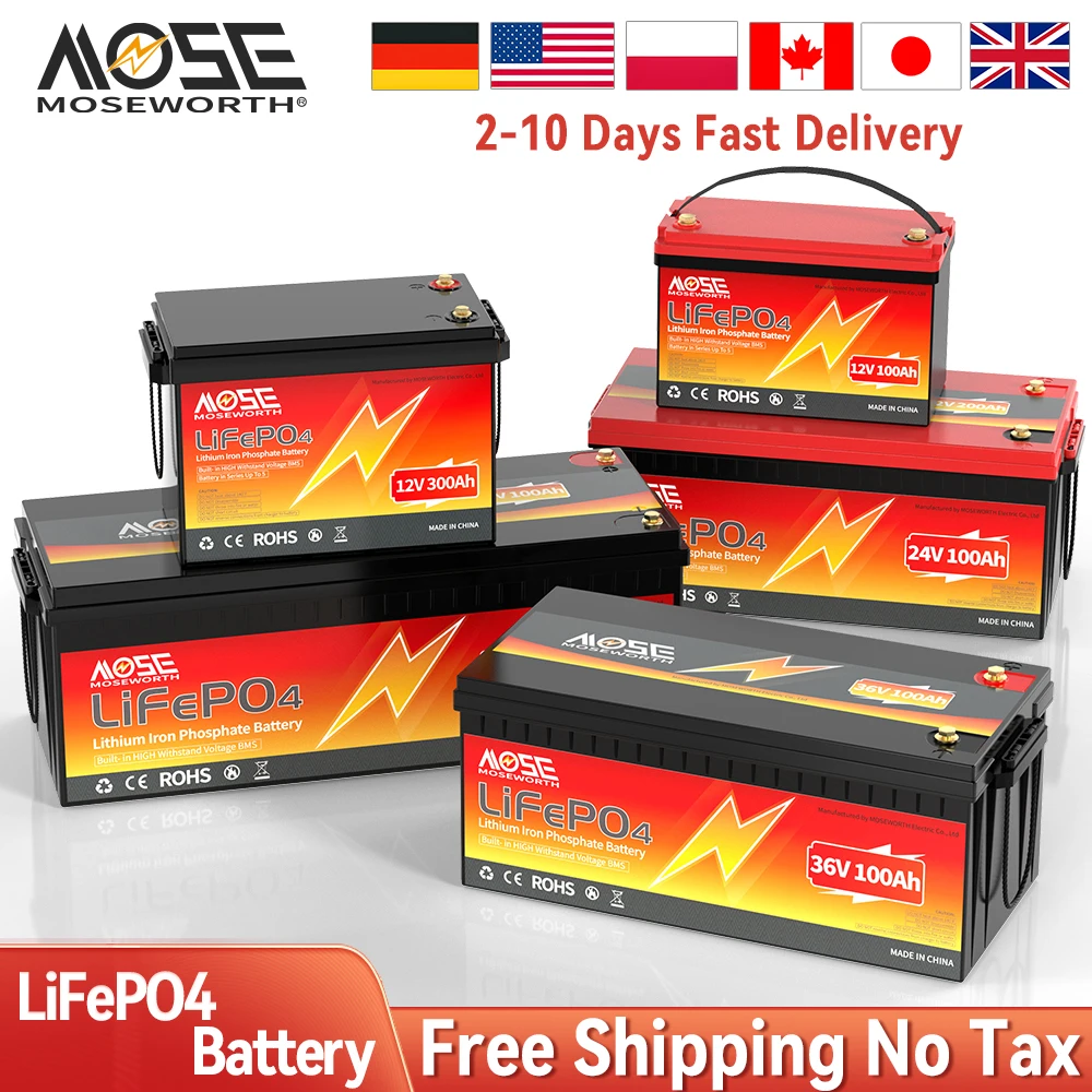 LiFePO4 Battery 24V 100Ah 2560Wh 8000+ Cycles 8S BMS 100Ah 200Ah 300Ah 12V Lithium Battery Pack For Campers Home Solar EU STOCK