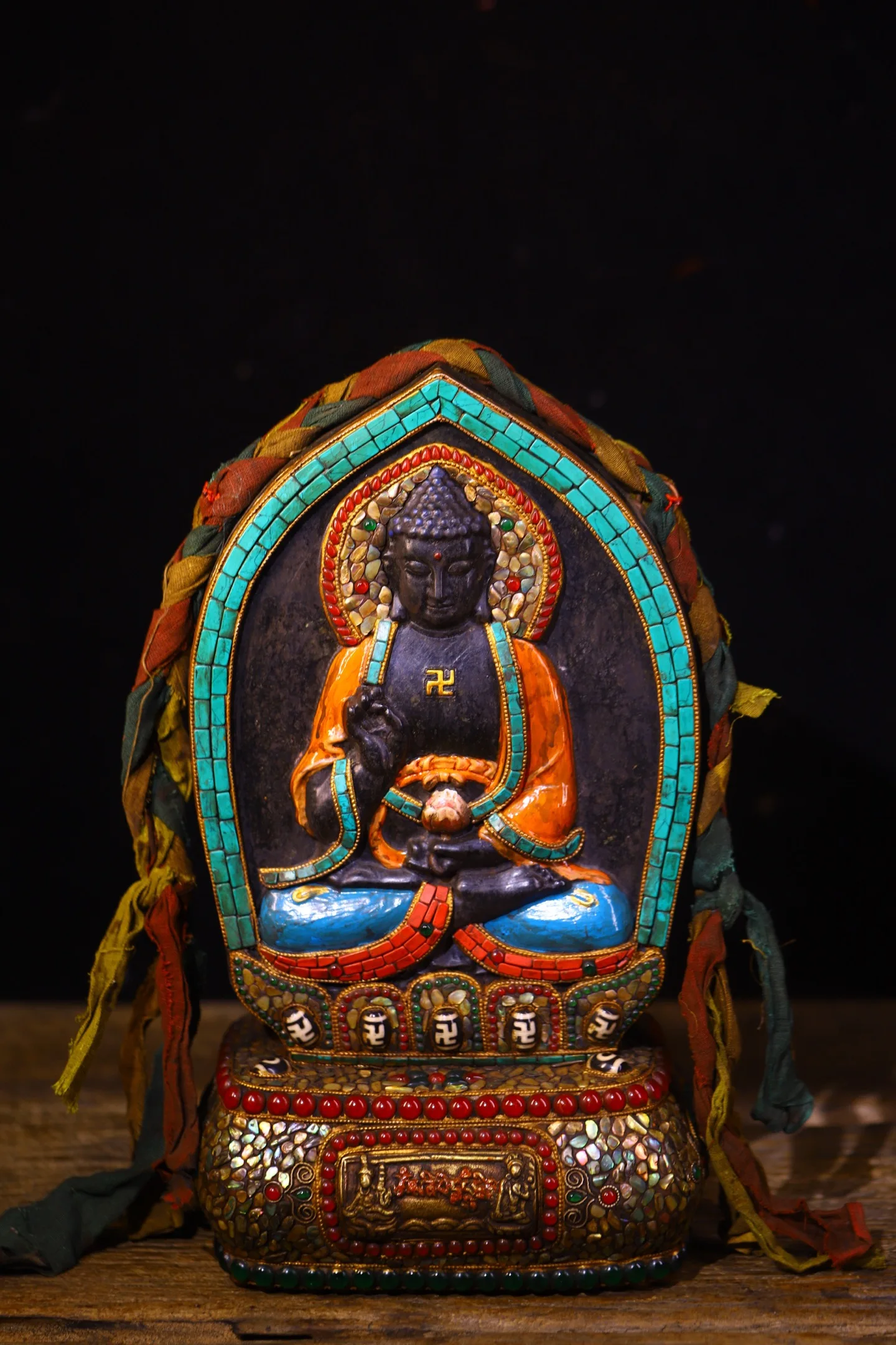 Old Meteorites Mosaic Gem gZi Beads Shell Turquoise Amitabha Buddha Shakyamuni Buddha Board Plaque Buddhist Niche Worship Hall