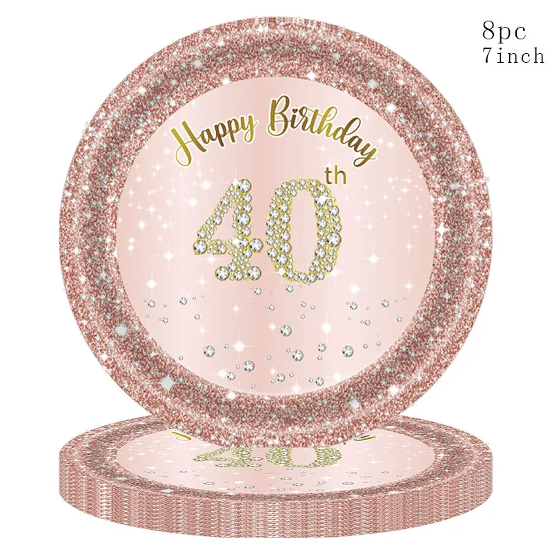 Rose Gold Diamond 40th Birthday Disposable Tableware Women 40 Year Paper Plates Napkin Queen Happy 40th Birthday Party Supplies