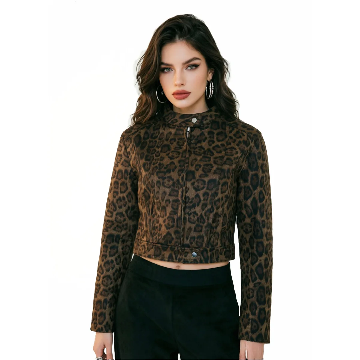 Trendy Vintage Leopard Print Zip Up Jacket Turn Down Collar Long Sleeve Pockets Slim Fit Short Fashion Streetwear Outerwear Coat