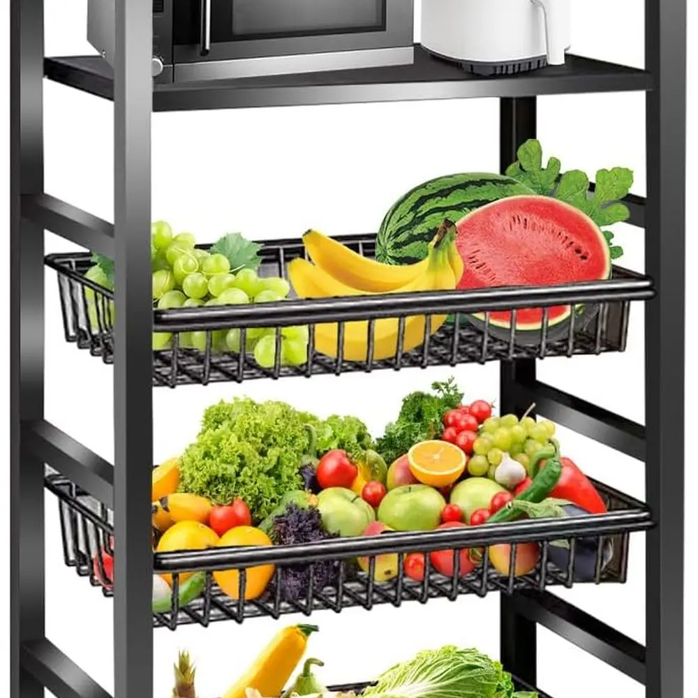 

5-Tier Rolling Kitchen Cart with Stackable Wire Baskets for Fruit and Snacks, Black