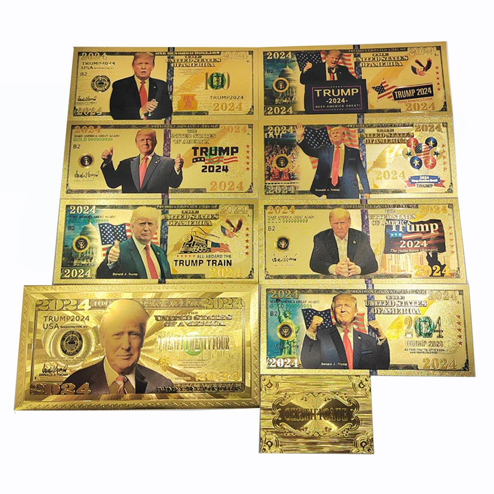 2024 billetes de oro del presidente de EE. UU., moneda conmemorativa colorida de papel de aluminio para fanáticos, regalos para niños, 100, 10000