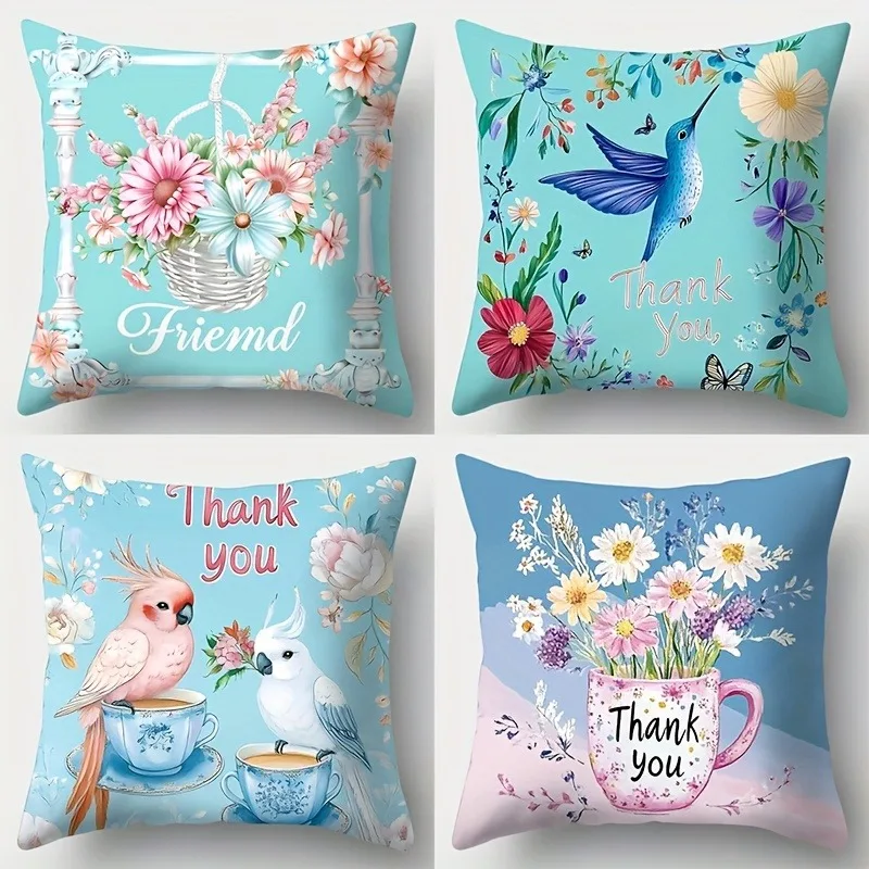 

Веселая наволочка с цветочным рисунком и птицей «Спасибо» — подушка с пастельным узором для домашнего декора с тематикой благодарности