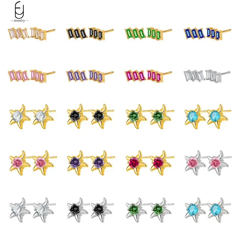 

925 Sterling Silver Needle Colorful Crystal Star Earring For Women Fashion Geometry Square Earring Party Fine Jewelry Gifts