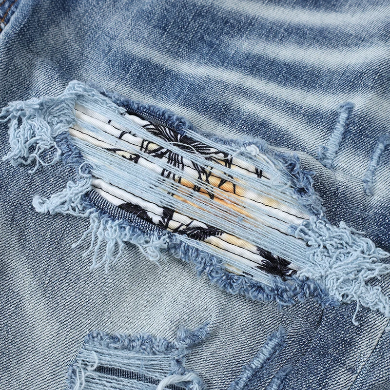 Y2k High Street แฟชั่นกางเกงยีนส์ใหม่ทาสีพับ Patchwork ล้าง Nostalgic ยืด SLIM FIT Light Blue ทาสีพับ Jean