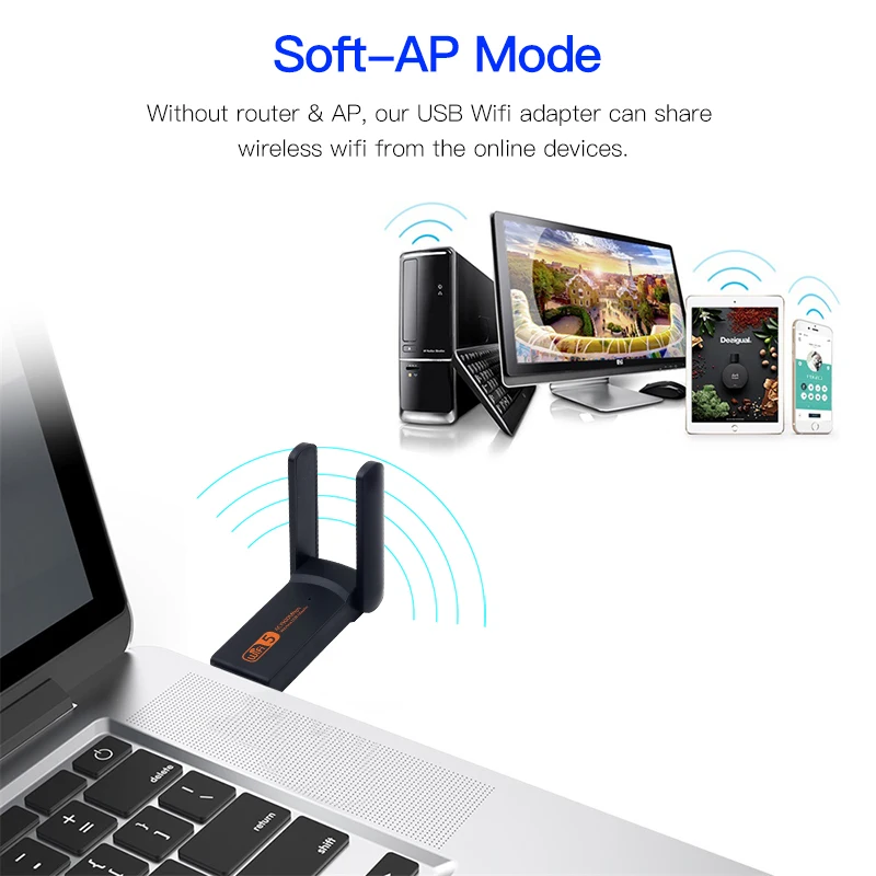 Adaptor WiFi USB 3.0 1300Mbps Bluetooth 4.2 Dual-Band 2.4GHz & 5GHz Wifi Usb untuk PC Desktop Laptop Kartu Jaringan Penerima Nirkabel