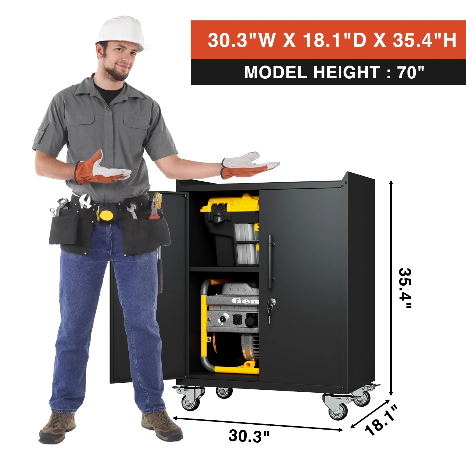 Armário de armazenamento de metal com rodas Armário de garagem Prateleiras ajustáveis com portas e fechadura Armário de armazenamento de serviço pesado