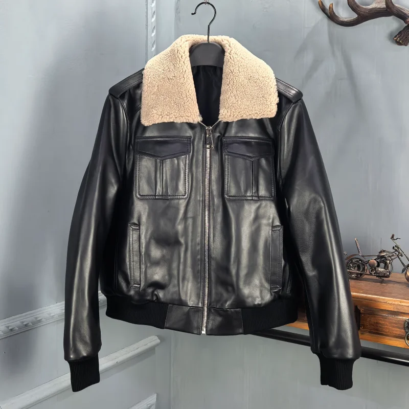 

Faionable Motorcycle Jaet Women's Cotton Lined Genuine Leather eepskin Coat Lamb Collar Autumn Winter New Arrival