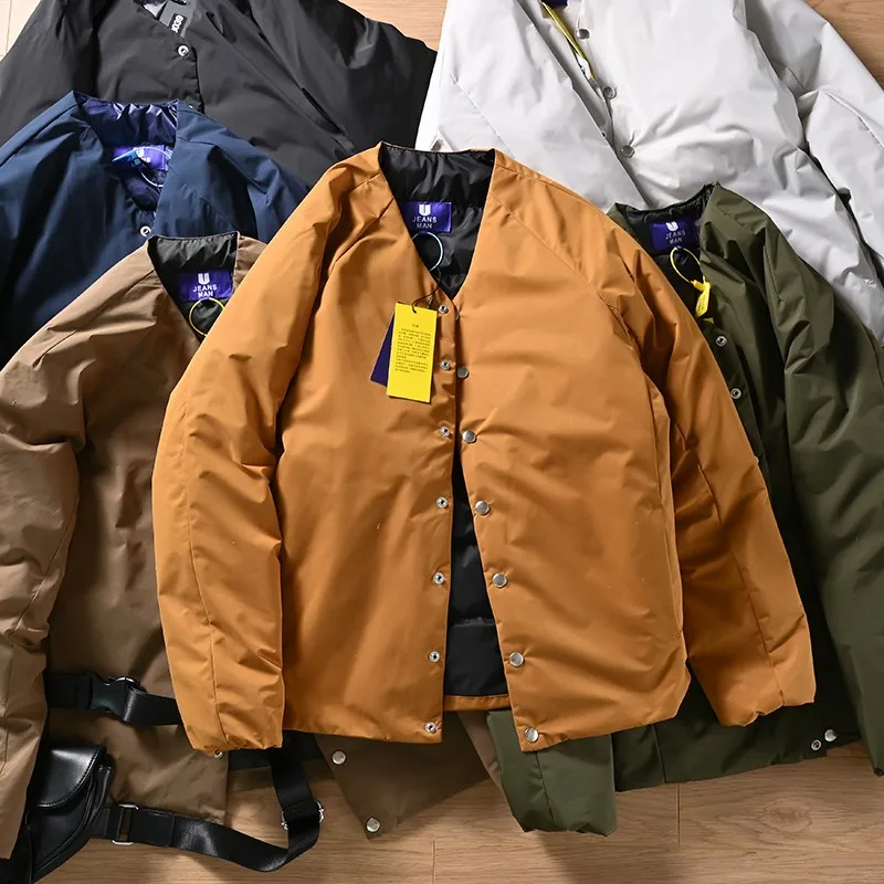 

Мужская утепленная куртка без воротника для активного отдыха, водонепроницаемая, молодежная, модная, стандартной длины, однотонная верхняя одежда