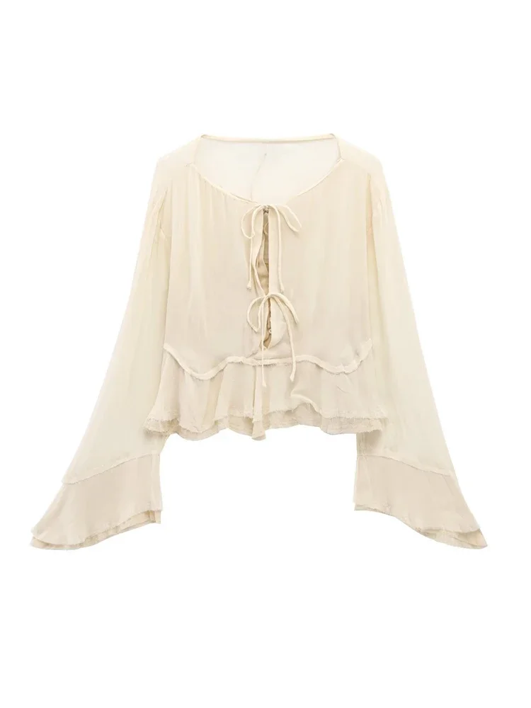 

GELITAYIN Women Fashion With Ruffles Front Button Blouses Tied O Neck Long Fraye Sleeve Female Shirts Chic Tops