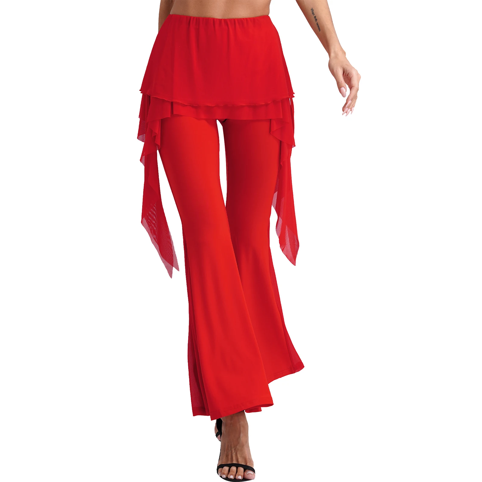 Womens Latin Dance Performance Pantskirt Drawstring Mesh Skirted Flared Pants Elastic Waistband Bell-Bottomed Trousers