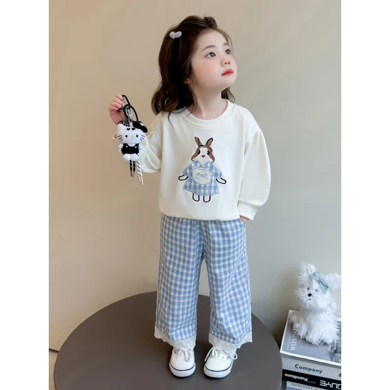 

Girls Suit2025New Spring and Autumn Children's Clothing Lace Bunny Sweatshirt Plaid Pants Two-piece Set Baby Clothes