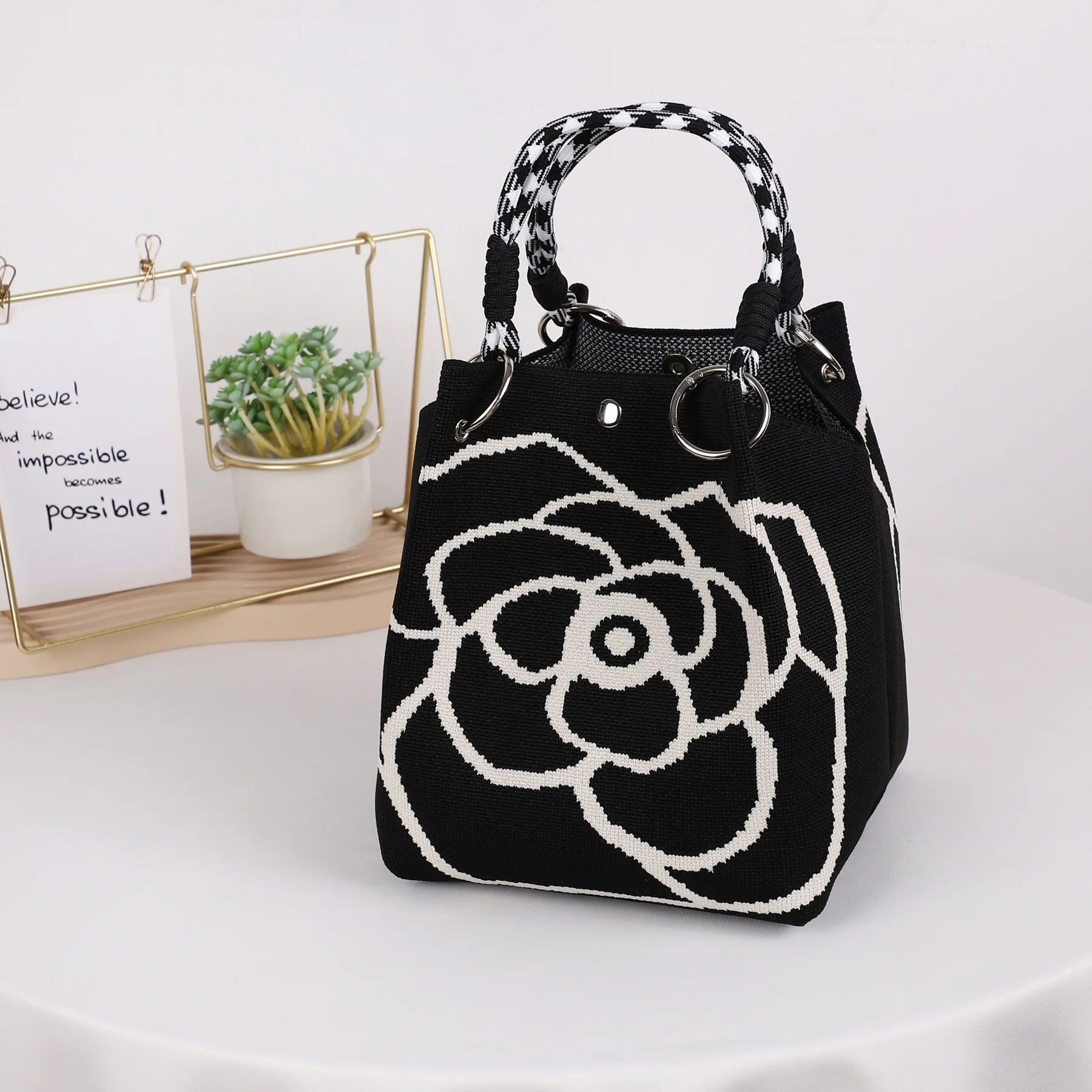 Geometric Mini Tote Bag Women Black Ivory Graphic Handbag Ring Handle Compact Daily Purse for Korean Style Outfits