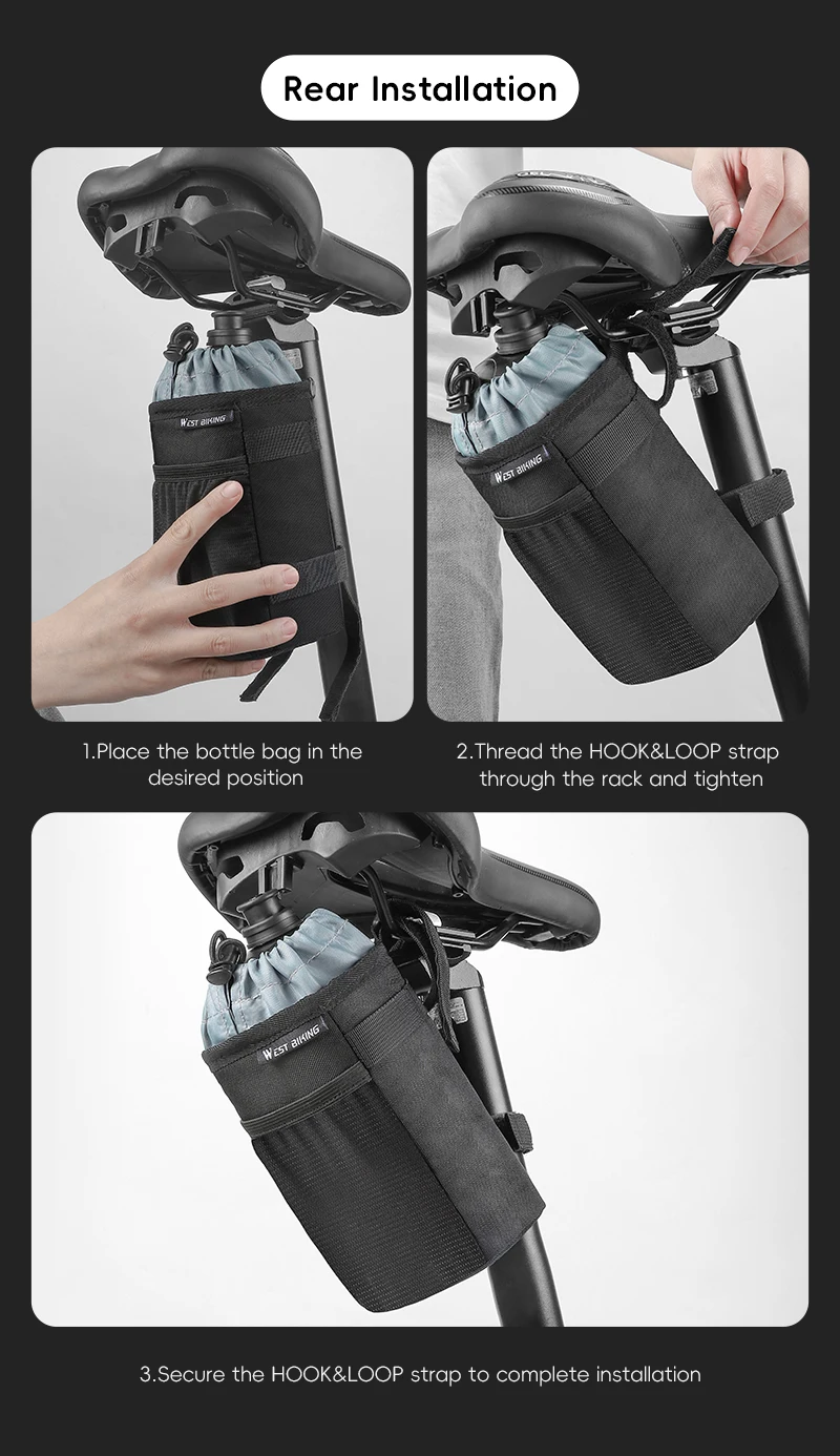 WEST BIKING Isolierte Fahrradflaschentasche Wasserabweisende Lenkertasche mit Seitentasche MTB Rennrad Aufbewahrungsorganizer – Detail 13