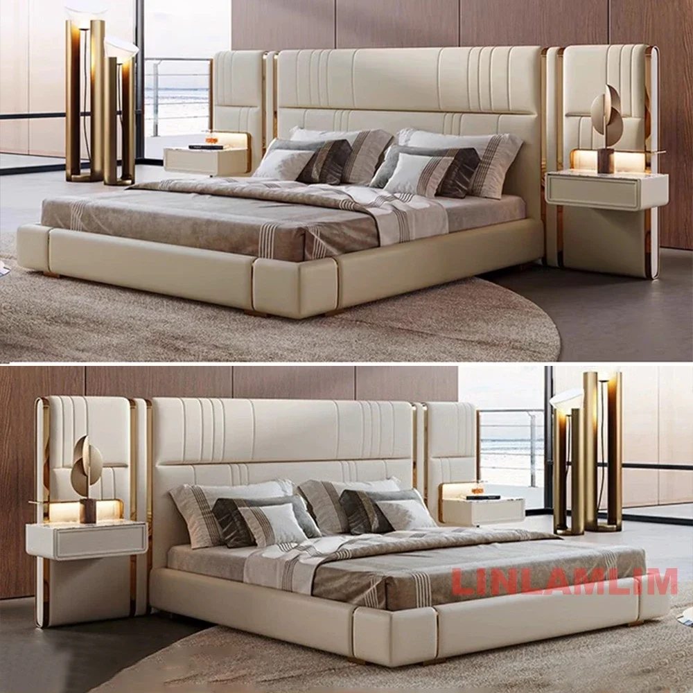 Linlamlim Luxury King / Queen Size Upholstered Bed Frame with Nightstands & Gold Accents, Modern Designer Genuine Leather Bed