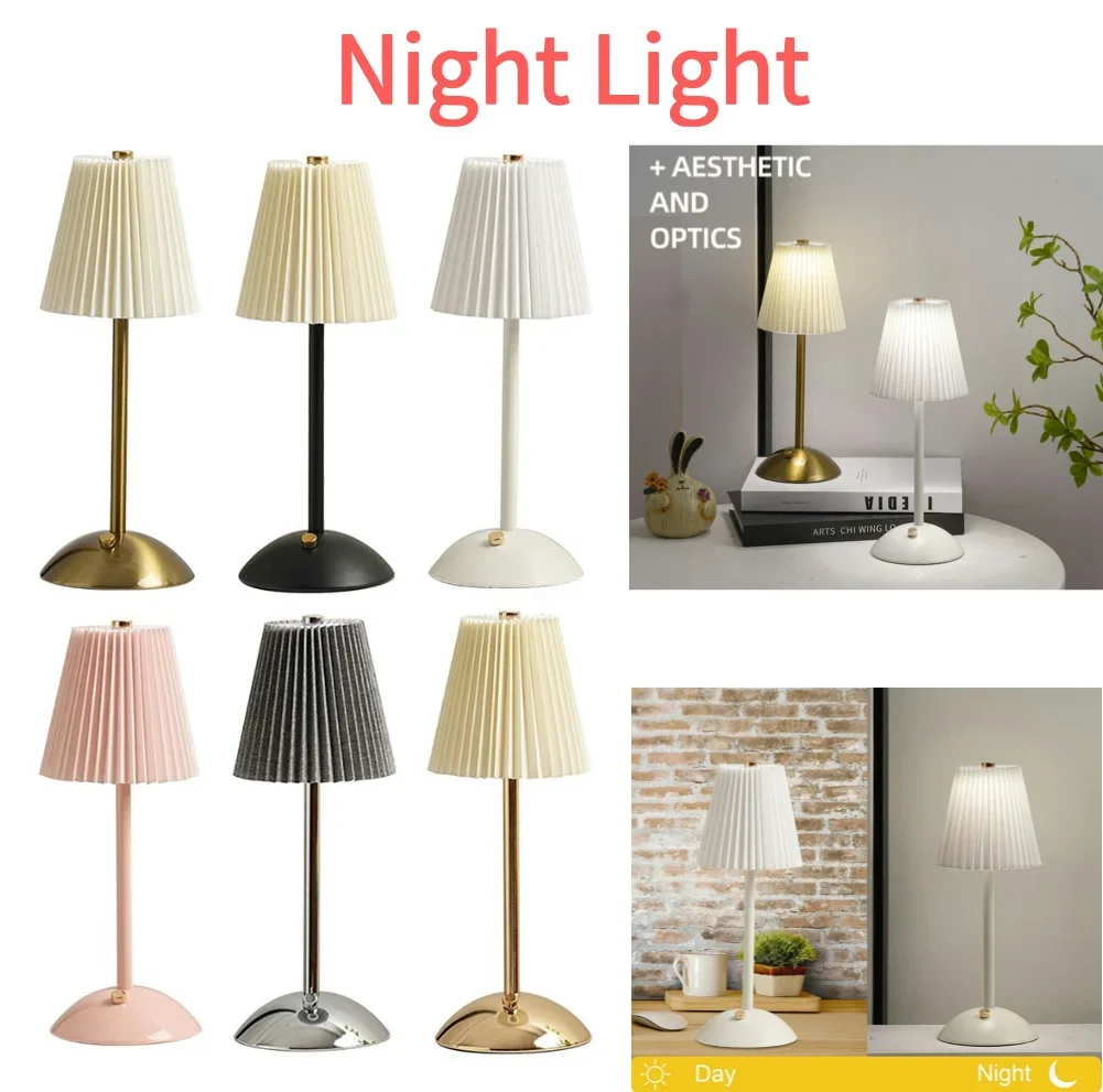

Pleated Shade Nightstand Lamp with Metal Base Nordic Nightstand Lamp Rechargeable 3 Colors Dimmable for Living Room Bedroom