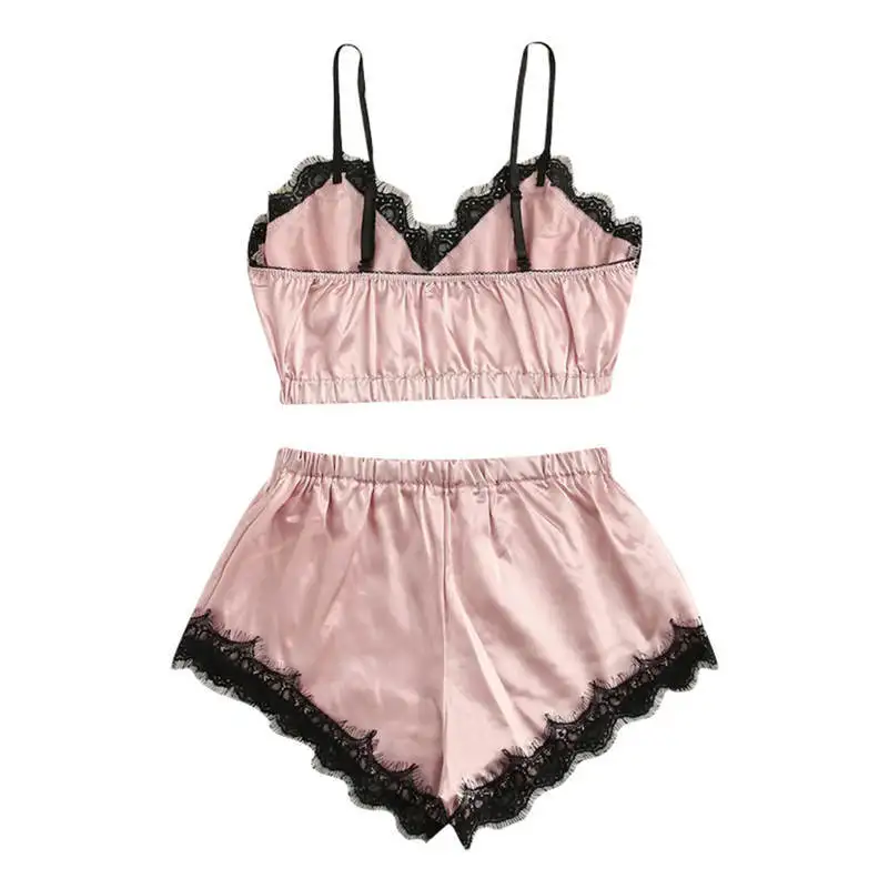 Ensemble pyjama en dentelle pour femmes, vêtement de nuit sexy, col en v, lingerie courte