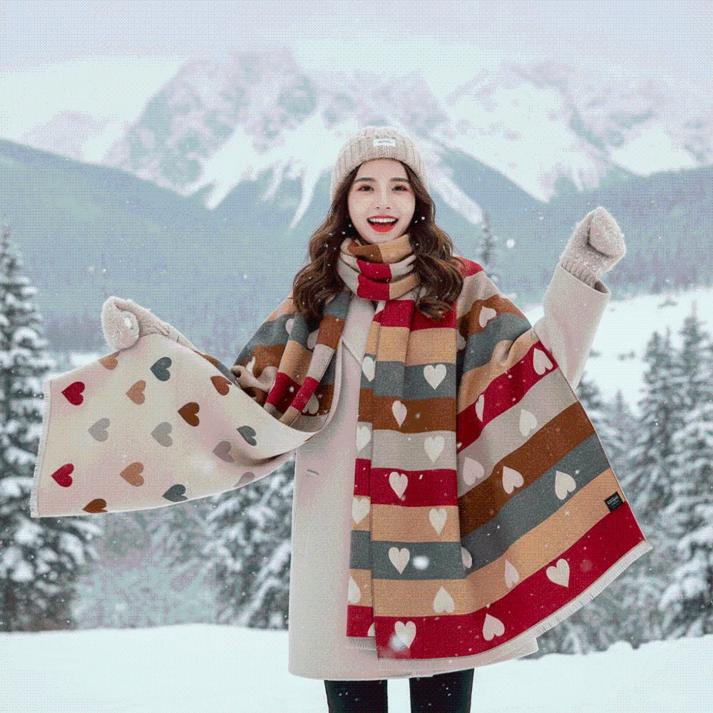 Thick Heart Pattern Scarf Soft Fringed Faux Cashmere Wrap Skin Friendly Multi Color Korean Style Muffler Winter Vacation