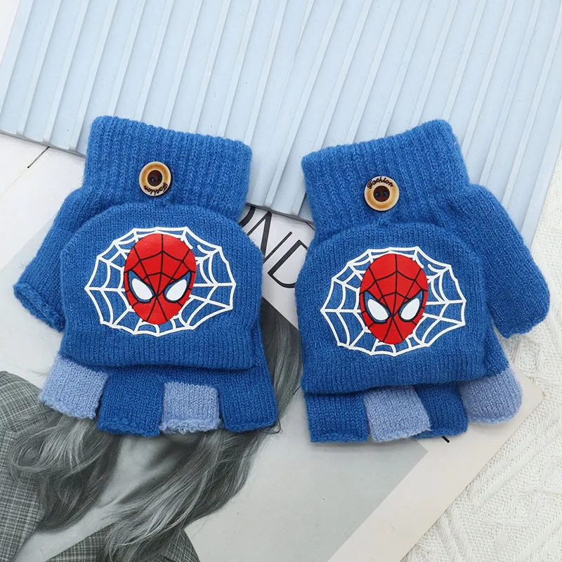 MINISO Marvel Spider-Man children's gloves winter warm open finger half boys flip half finger sleeves little kids writing gloves