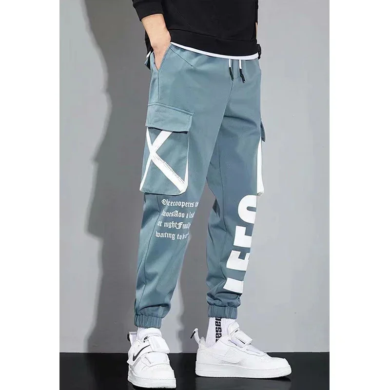 Classic Streetwear Casual Pants Men Ribbons Jogging Pants Male Slim Fit Spring Cargo Pants Multi-Pockets Trouser