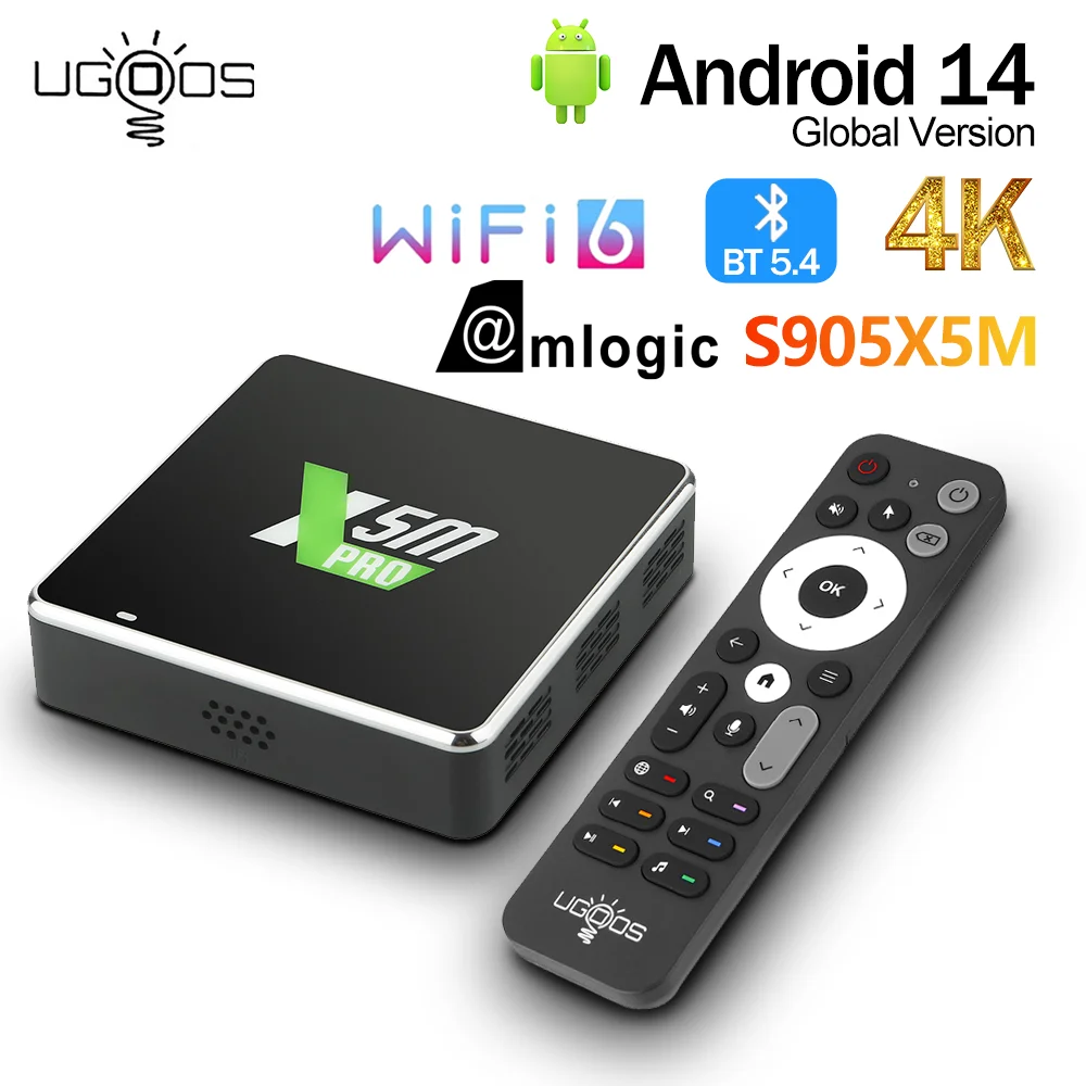 UGOOS X5M Pro Android Smar TV Box Amlogic S905X5M 4K AI-SR HD Set Top Box 4G 32G 2.4 e 5G Wifi6 1000M Media Player BT5.4 CEC RTC