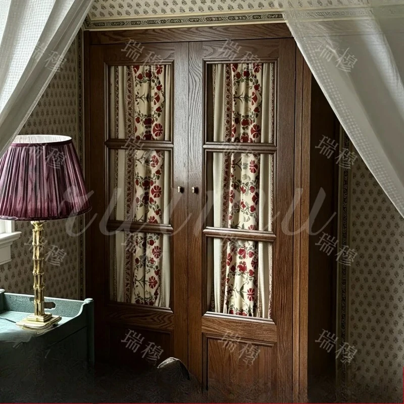 French small apartment retro walnut wardrobe American printed cloth curtain solid wood storage cabinet bedroom double door