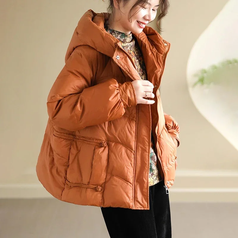 Women White Duck Down Jacket with Hood Autumn Winter Thick Warm Outwear Vintage Casual Over Size Coat