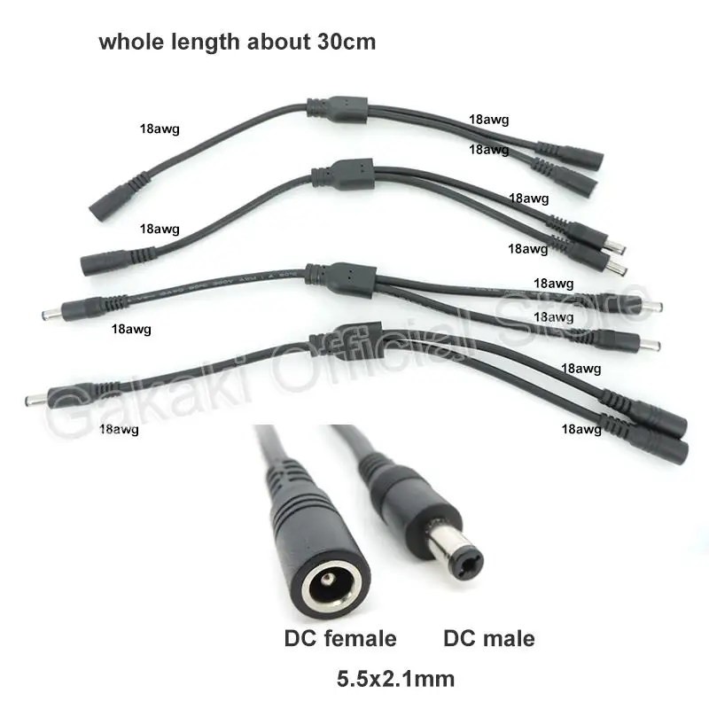 DC Power Splitter Cable, macho para 2 macho, 2 fêmea Plug Adapter, 5,5 milímetros x 2,1 milímetros, conector, cabo de extensão, 30 centímetros