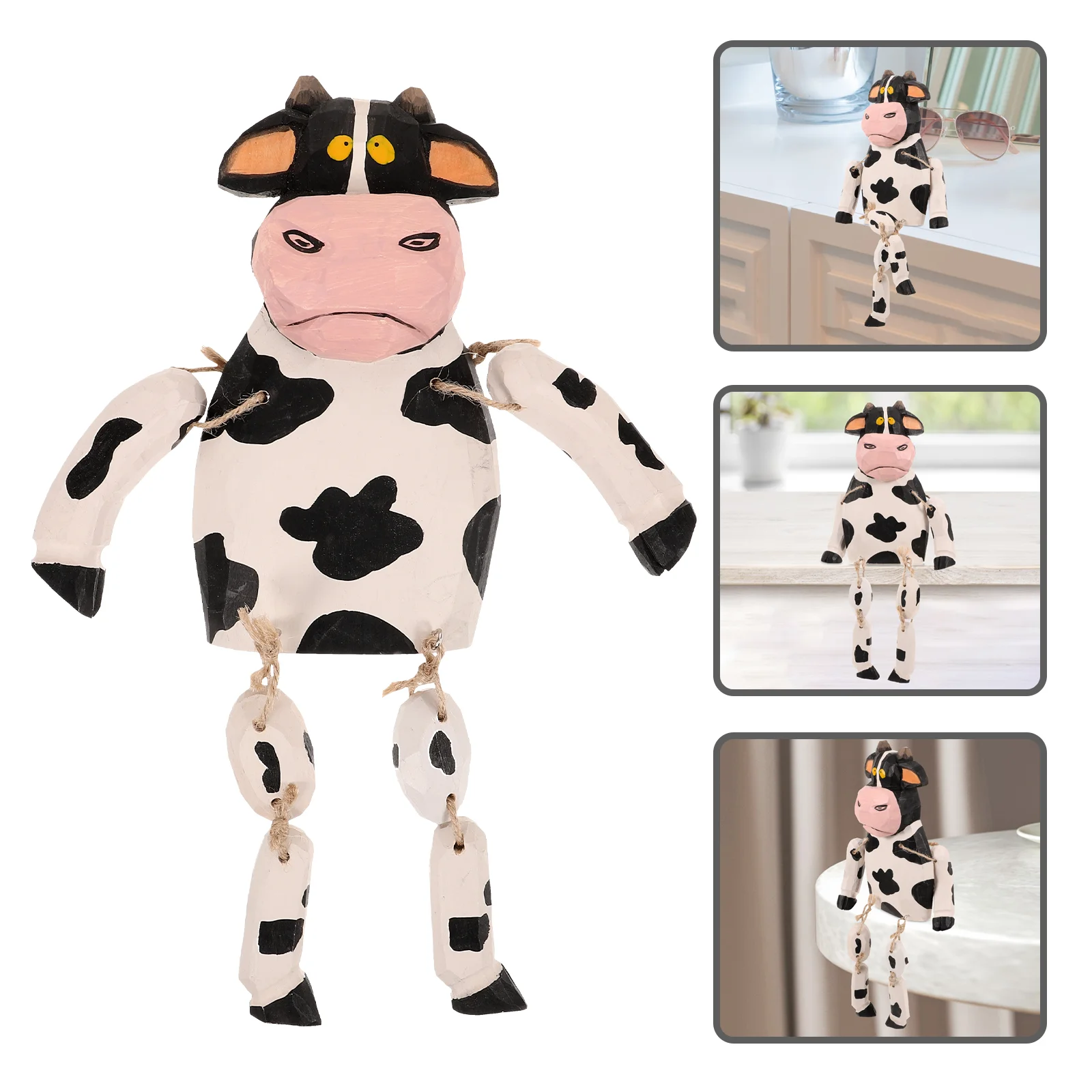 Cow Hanging Legs Wood Animals Adorn Figures Dairy Figurines Tiny Decorative Desktop Decors Lawn Landscape Models Toy