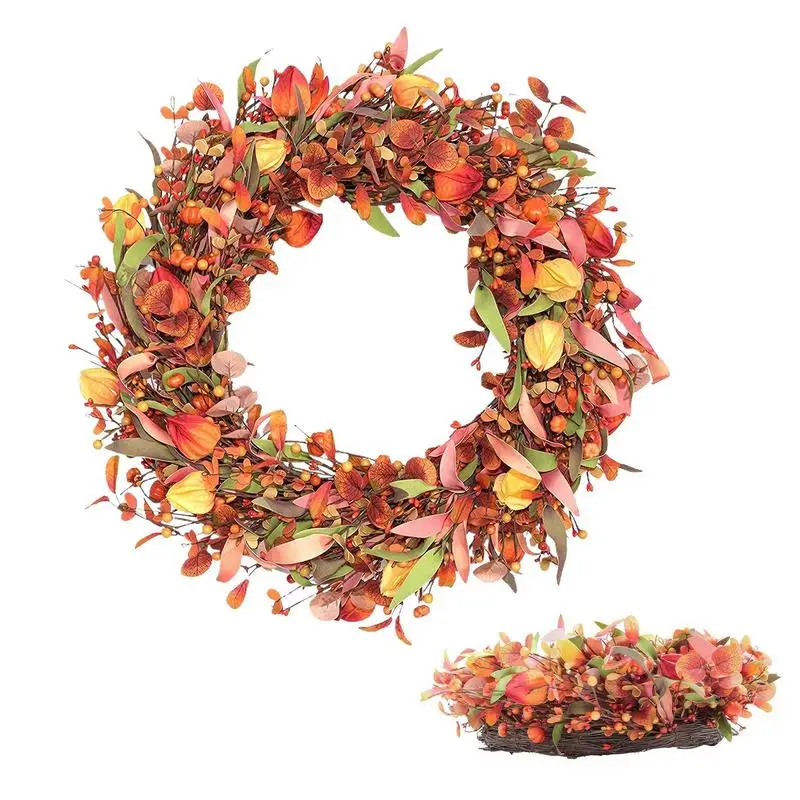 Thanksgiving Wreaths For Front Door Harvest Fall Door Wreath Garden Wreaths Featuring Artificial Rattan Orange Berries Leaves