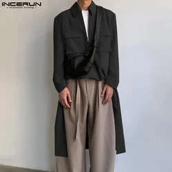 INCERUN New Mens Clothing Fashionable Long-style Pocket Trench Autumn Male Solid All-match Loose Long Sleeved Jackets Coats 2024