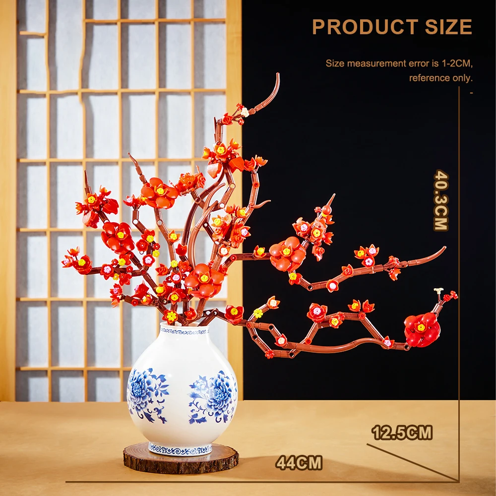 MOC Plant Series 2-in-1 pruimenbloesem en hulst met vaas bouwstenen set, boeket ornament model, verjaardagscadeau voor meisjes