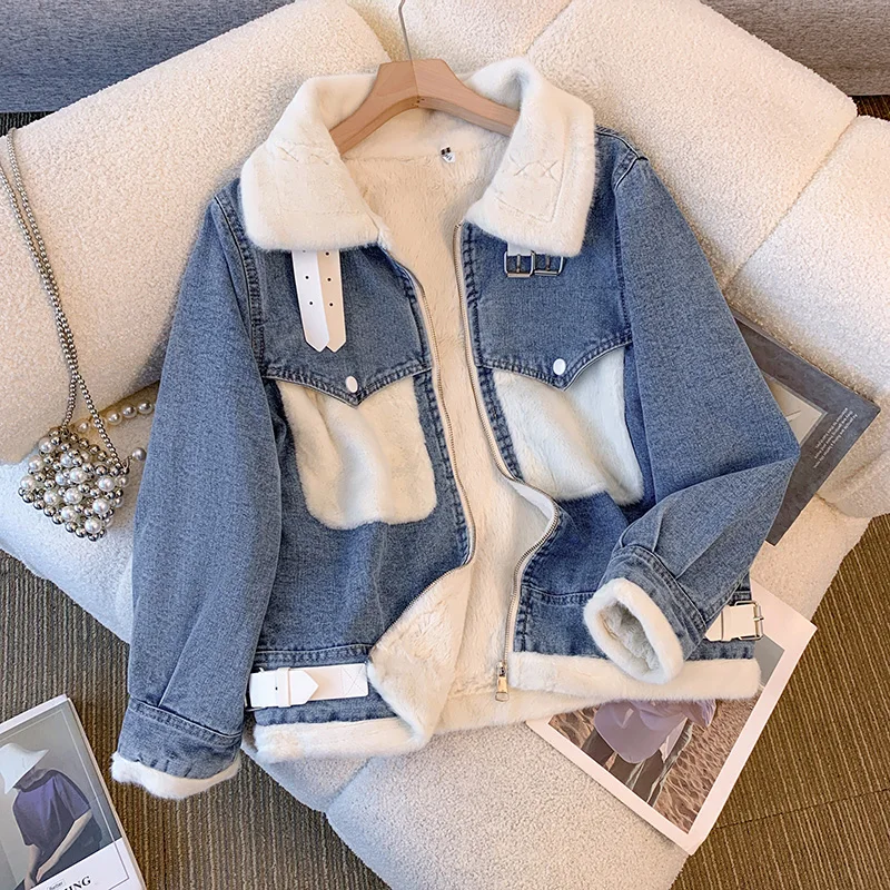 Korean Fashion Winter Women's Denim Coat 2023 Lapel Zip Plush Thick Warm Cotton Jacket Casual Work Clothes Faux Fur Blue Jackets