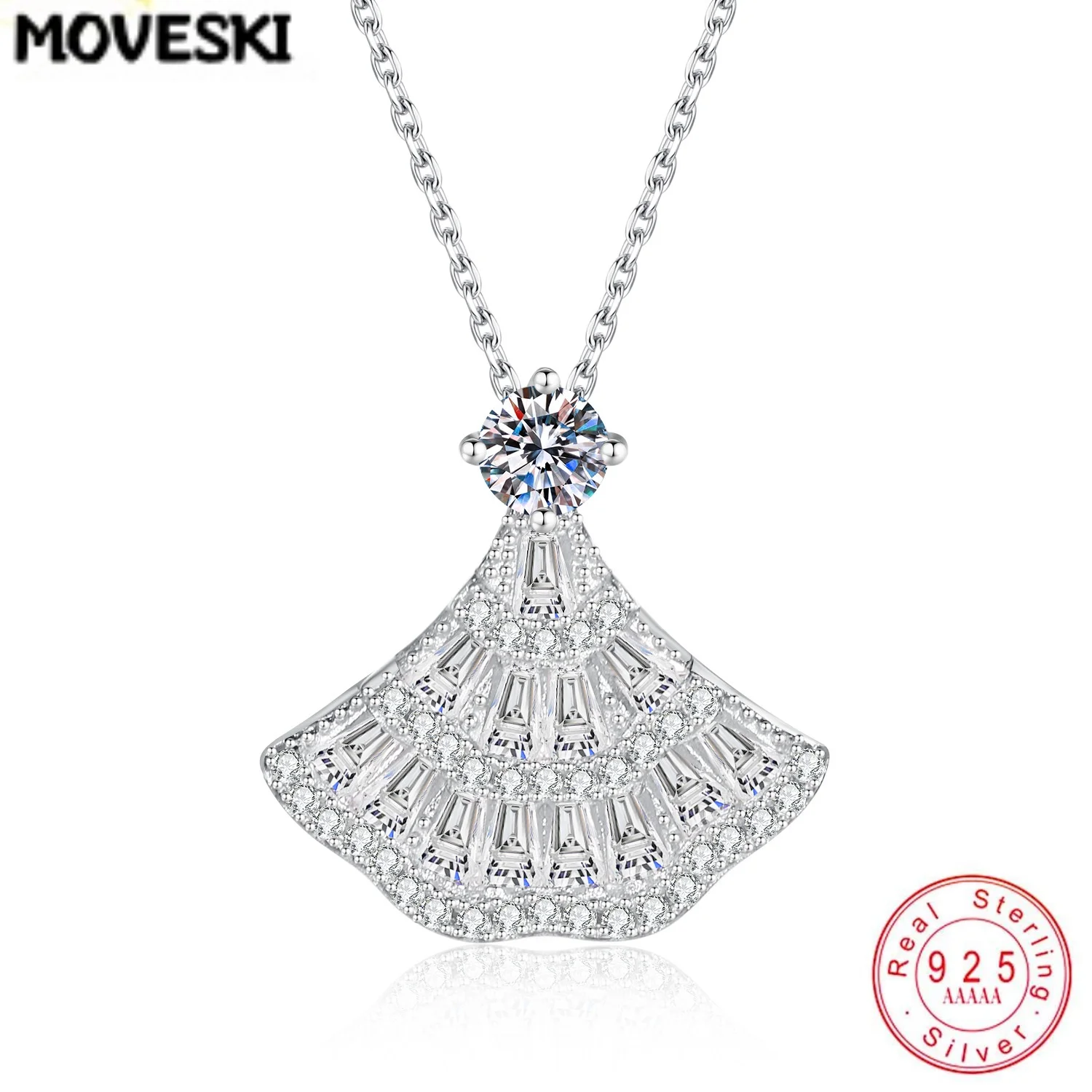 Real 925 Sterling Silver Fan Shape Moissanite Ginkgo Leaf Pendant Necklaces For Women Luxury Wedding Fine Jewelry Gift