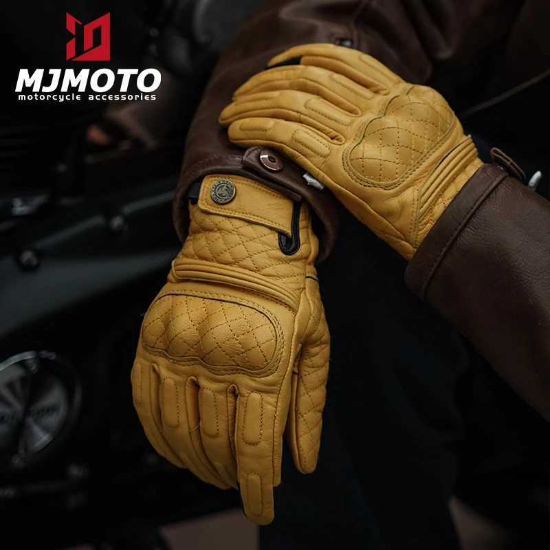 

Retro Motorcycle Gloves Men Touchscreen Motocross Gloves Built-in Protective Shell Genuine Leather Locomotive Riding Glove M-XXL