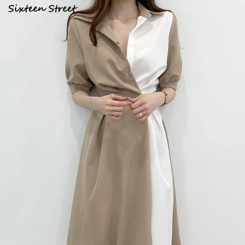 

Chic Dresses for Women Autumn Patchwork Khaki Elegant Woman's Dress Bodycon Korean Business One Button Dresses Fall