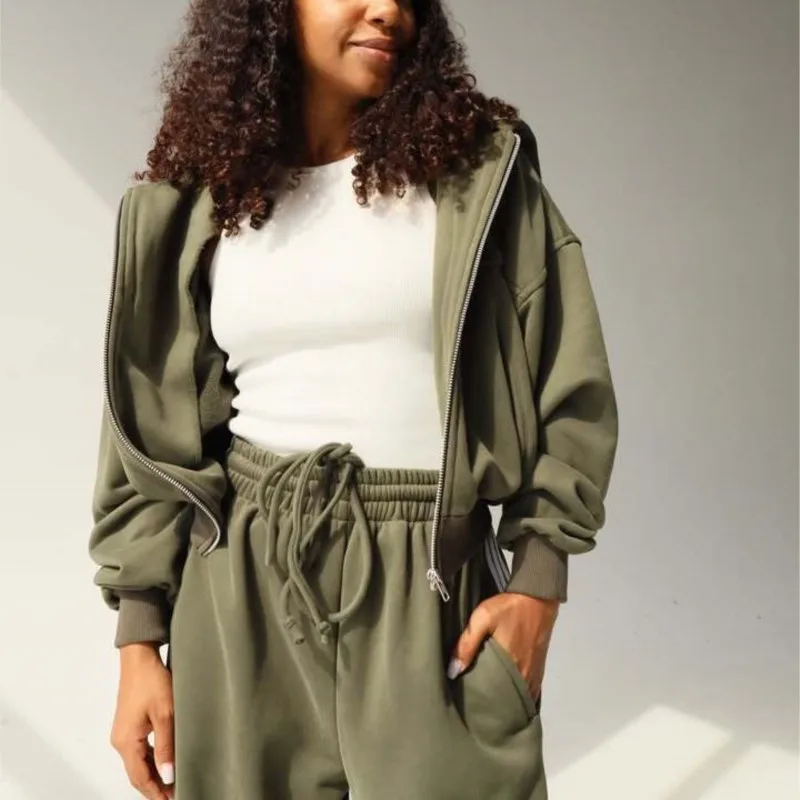 

Drawstring Oversized Jacket & Wide Leg Pants Two-Piece Set Trendy Active Outfit Women's Athleisure Color-Blocked Striped Hooded