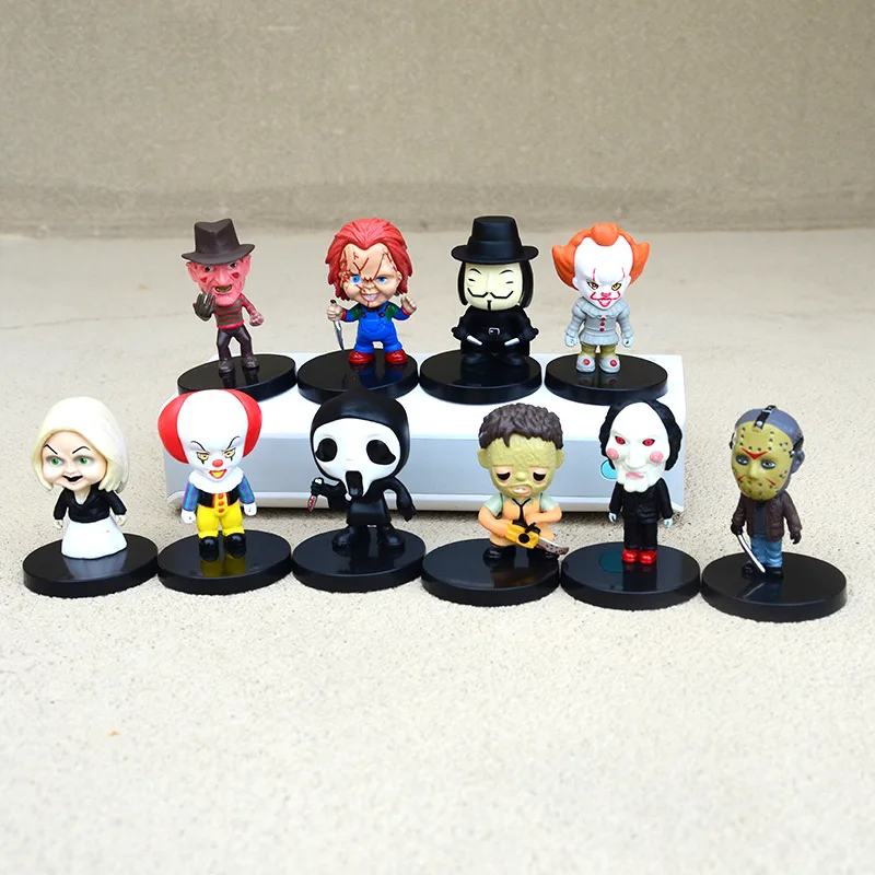 10pcs/set Horror Movie Characters Vendetta Chucky Freddy Jason Scary Saw Action Figures /Keychains Toys Collectible Ornament