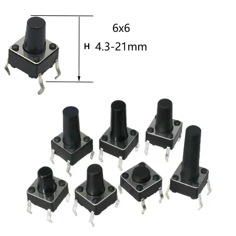 

Оптовая продажа, 100 шт., миниатюрный кнопочный переключатель 6x6x4,3 мм-21 мм, DIP, мгновенный световой сенсорный переключатель, 4-контактный световой сенсорный переключатель